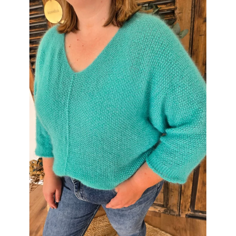 Pull Hugues maille fluffy turquoise
