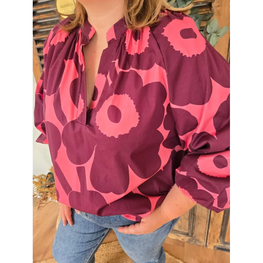 Blouse fleurs rose et prune