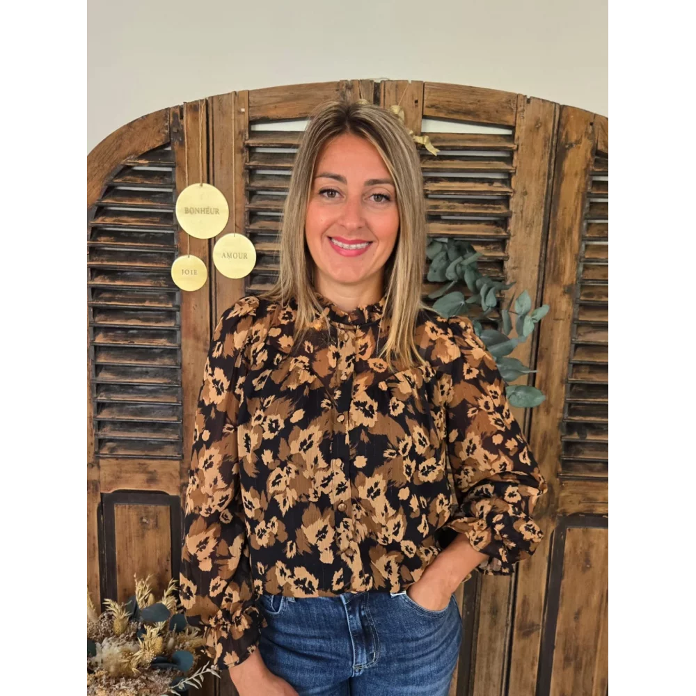 Blouse Coline noir fleurs camel