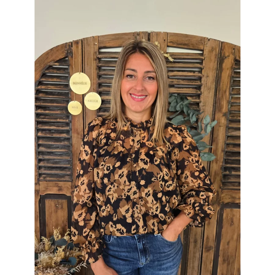 Blouse Coline noir fleurs camel