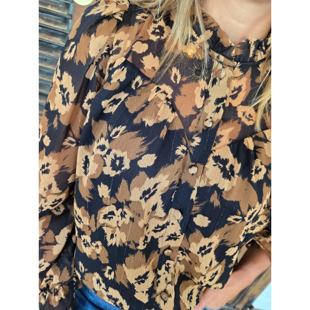 Blouse Coline noir fleurs camel
