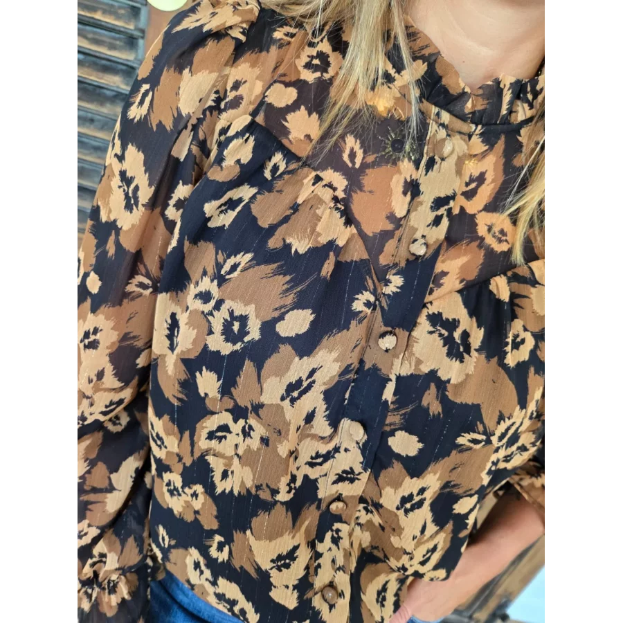 Blouse Coline noir fleurs camel
