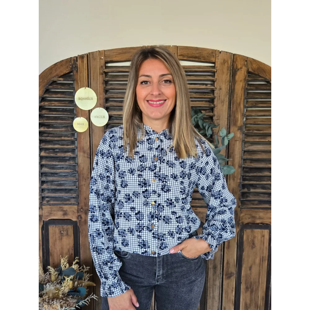 Chemise Elina carreaux et fleurs bleu