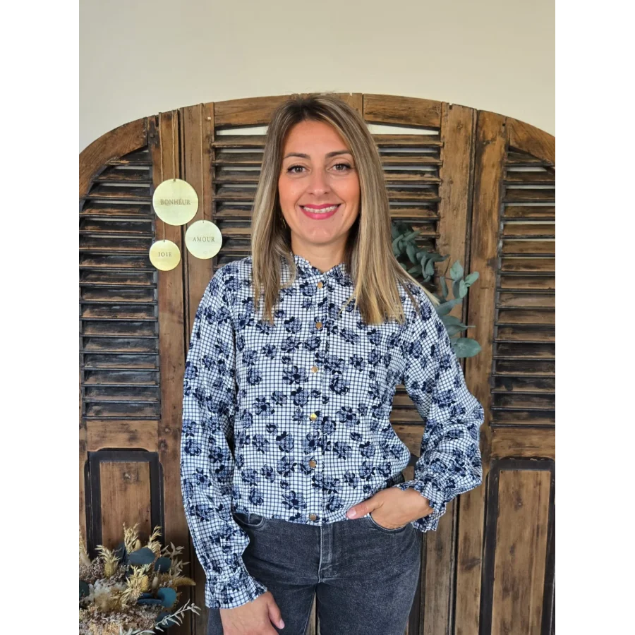 Chemise Elina carreaux et fleurs bleu