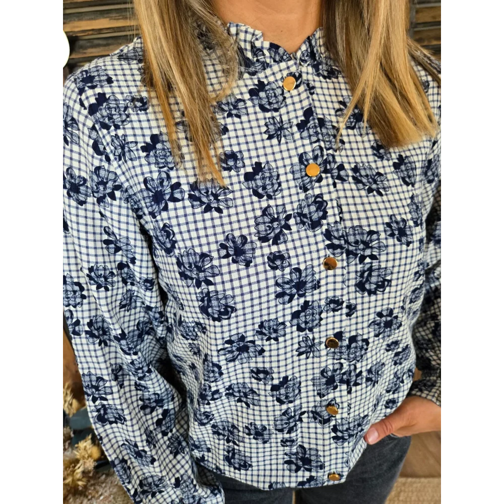 Chemise Elina carreaux et fleurs bleu