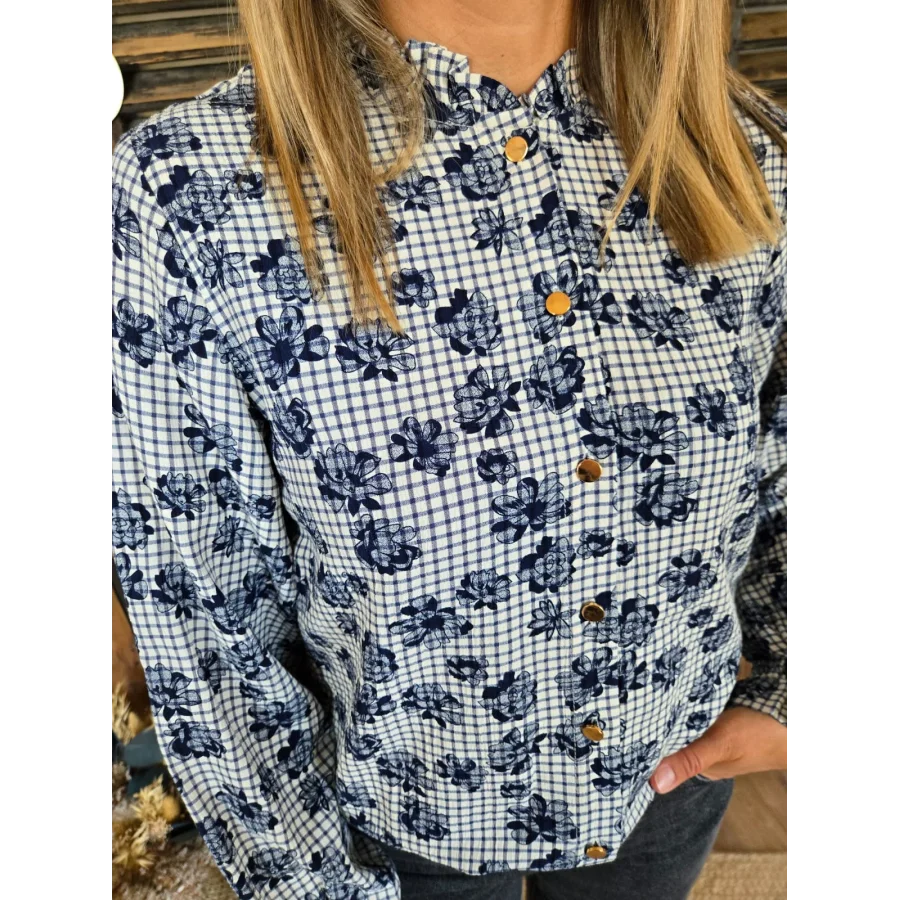 Chemise Elina carreaux et fleurs bleu