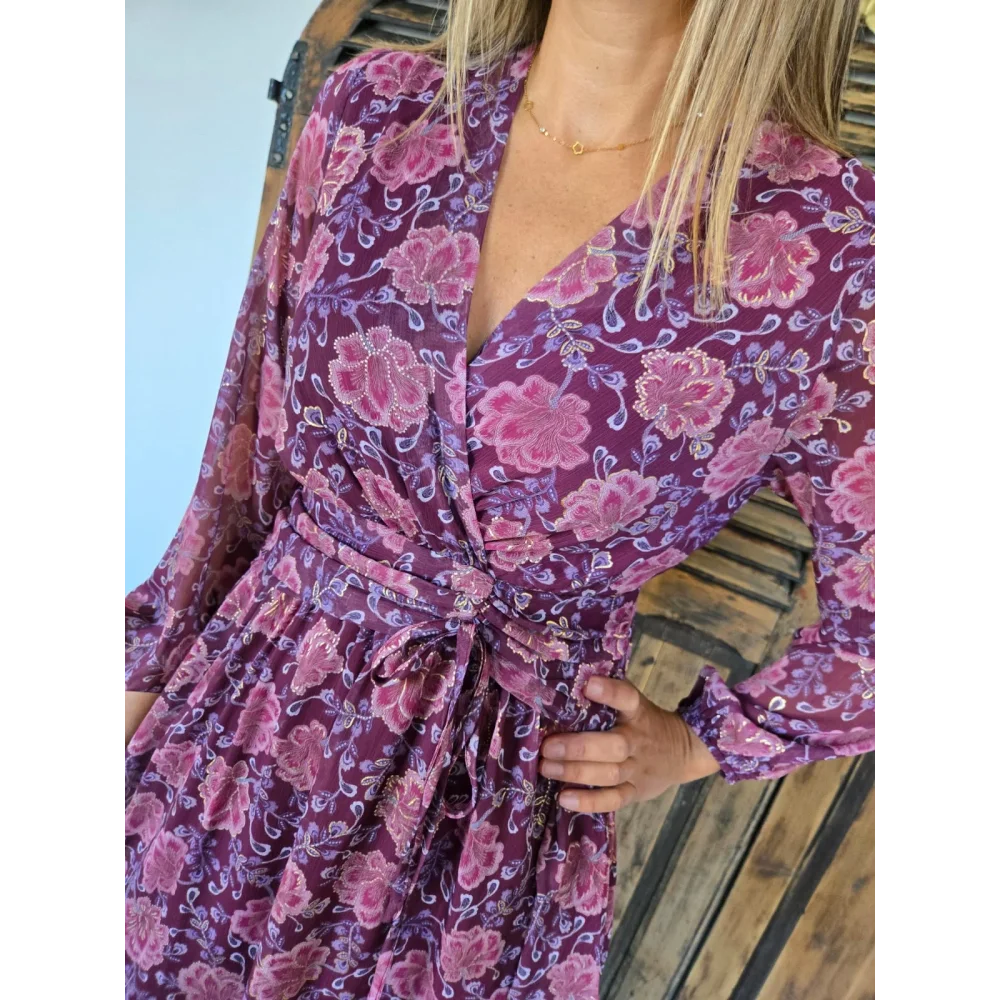 Robe Ella prune et fleurs rose
