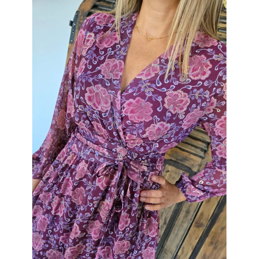 Robe Ella prune et fleurs rose