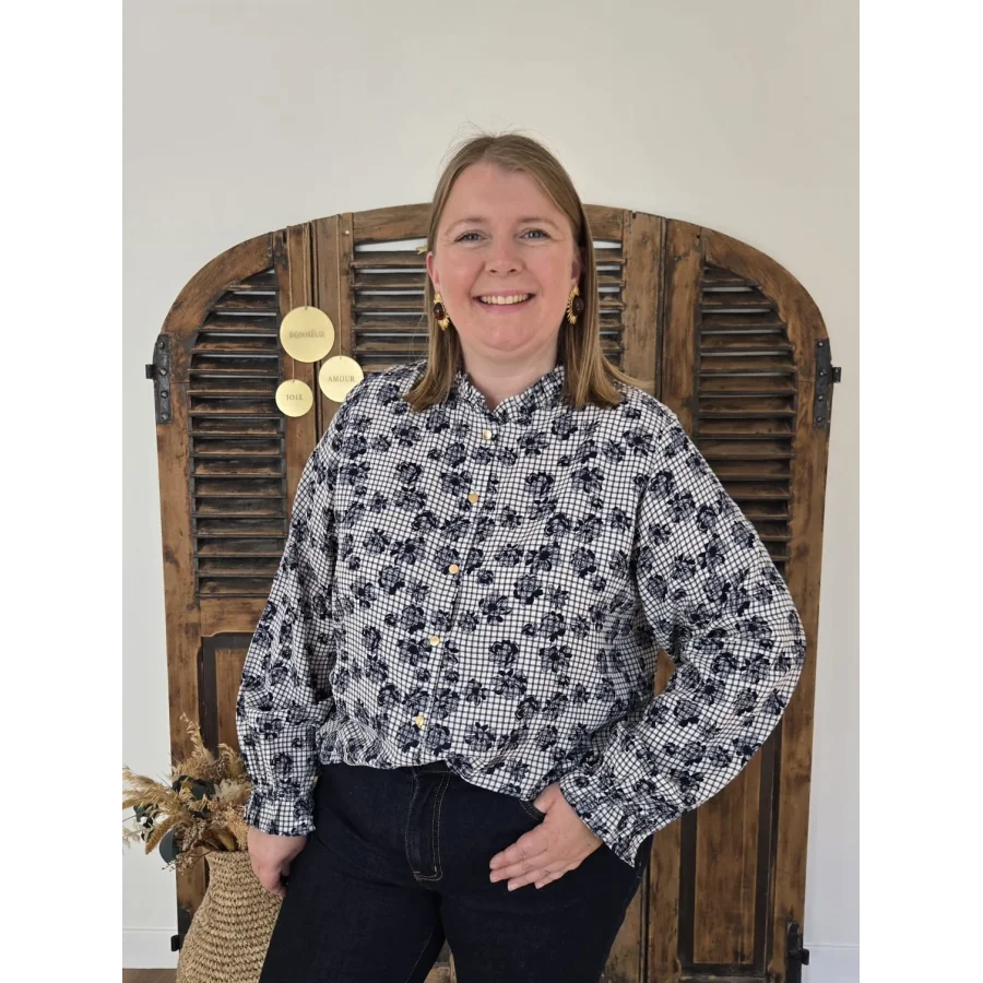 Chemise Elina carreaux et fleurs bleu