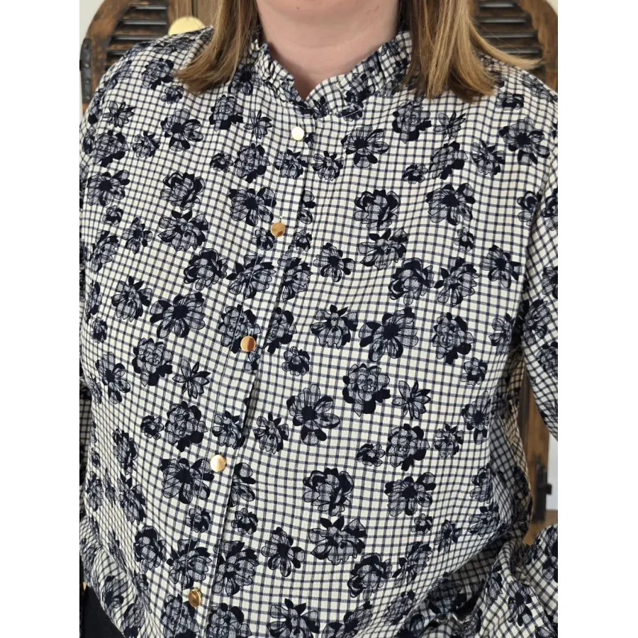 Chemise Elina carreaux et fleurs bleu