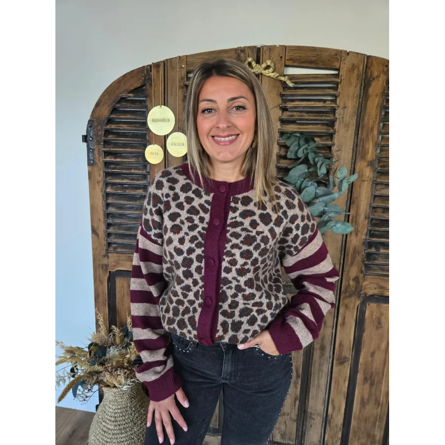 Gilet Gautier maille leopard bordeaux