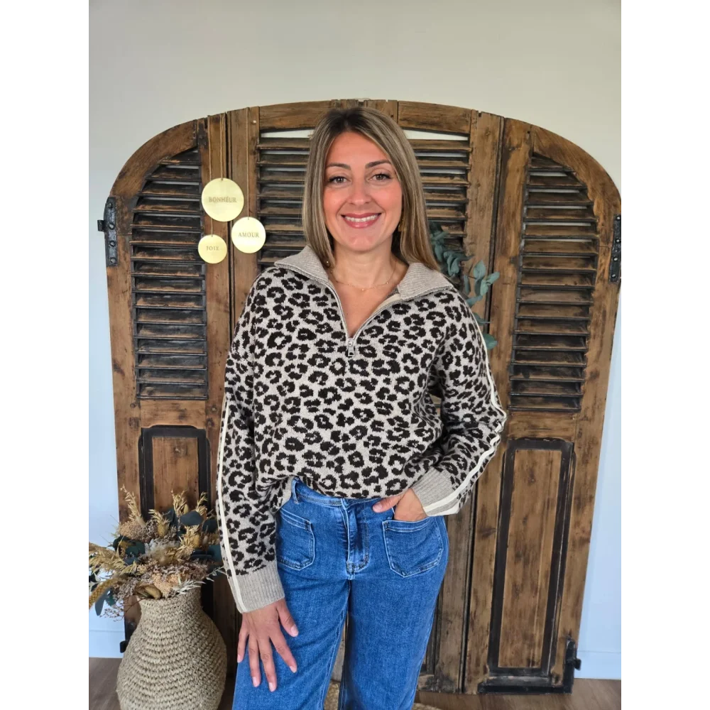 Pull Fernand camionneur leopard taupe