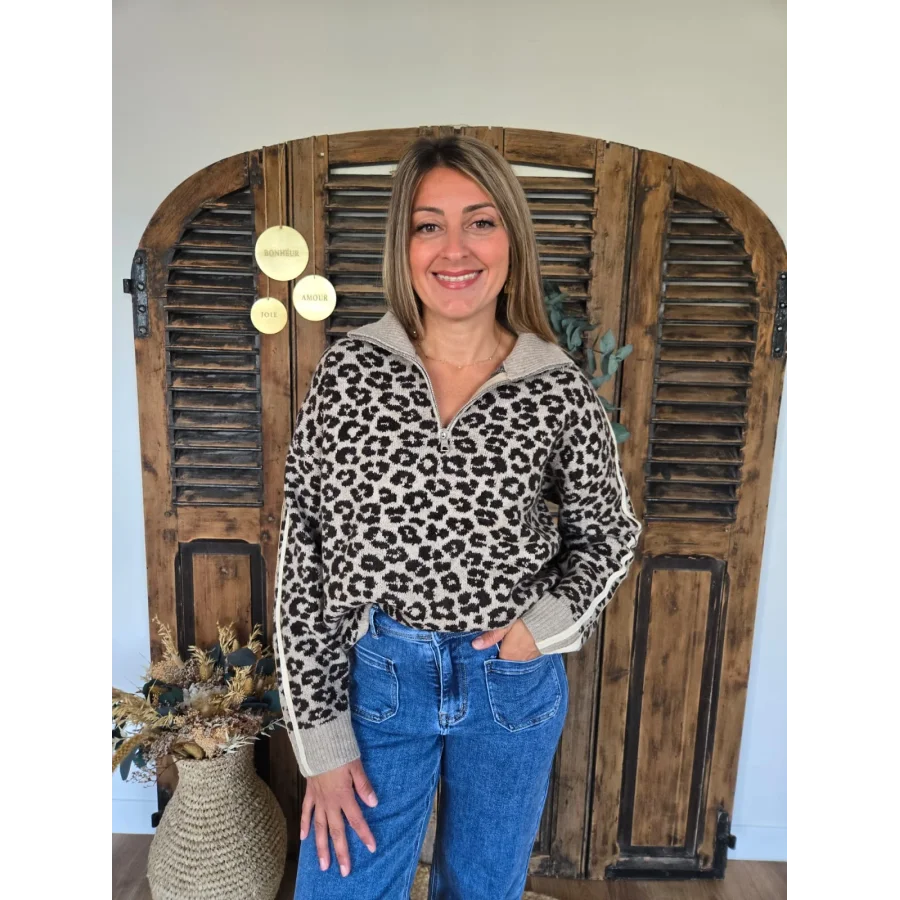 Pull Fernand camionneur leopard taupe