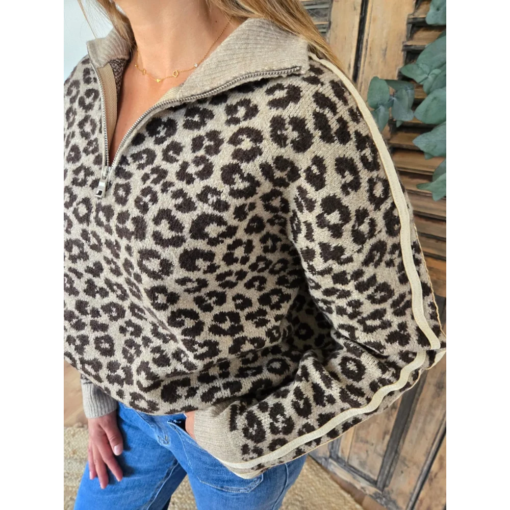 Pull Fernand camionneur leopard taupe