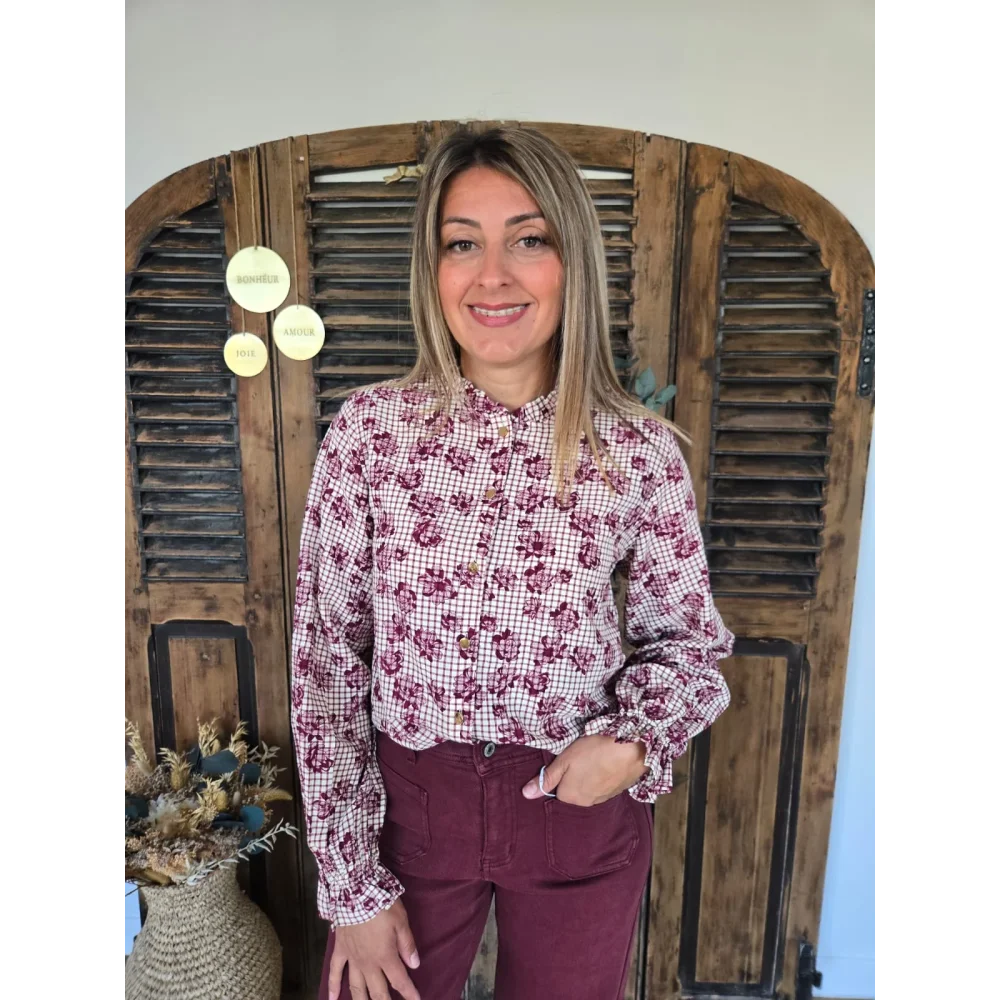 Chemise Elina carreaux et fleurs bordeaux