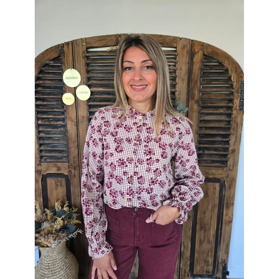 Chemise Elina carreaux et fleurs bordeaux