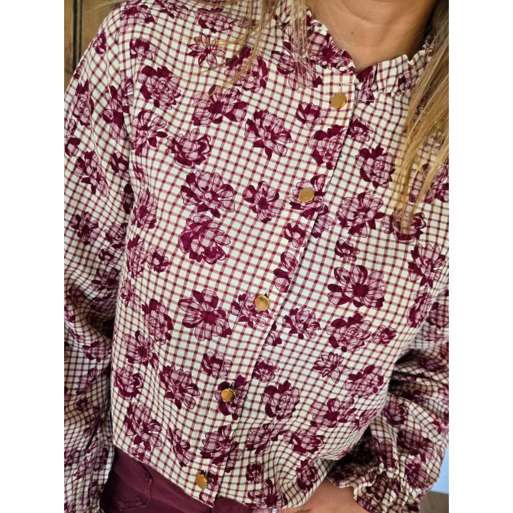 Chemise Elina carreaux et fleurs bordeaux