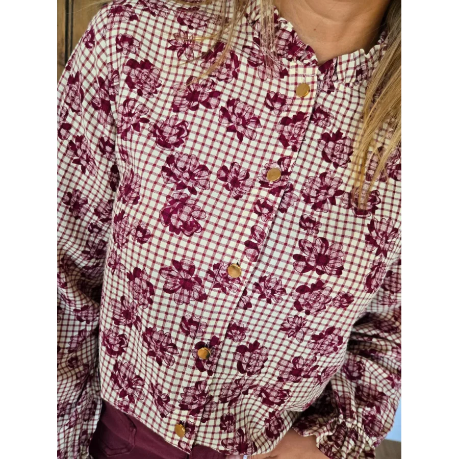 Chemise Elina carreaux et fleurs bordeaux
