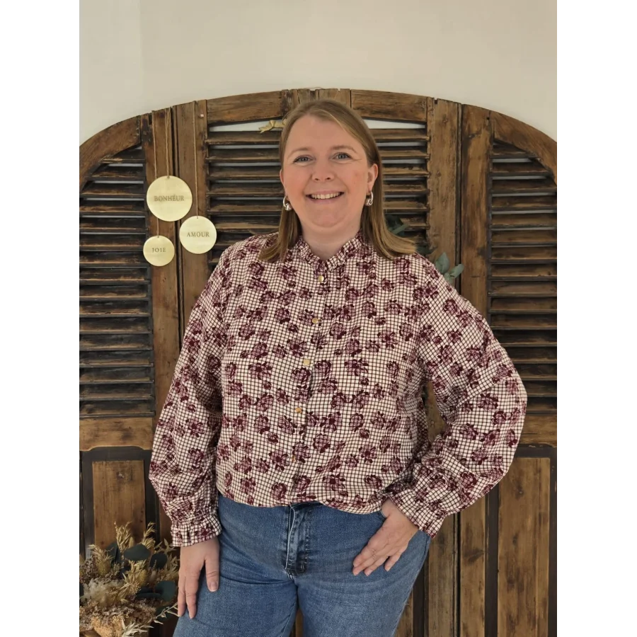 Chemise Elina carreaux et fleurs bordeaux