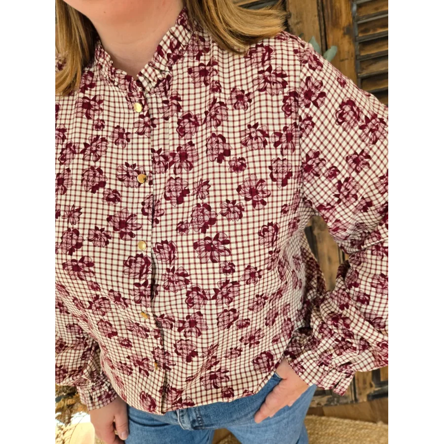 Chemise Elina carreaux et fleurs bordeaux