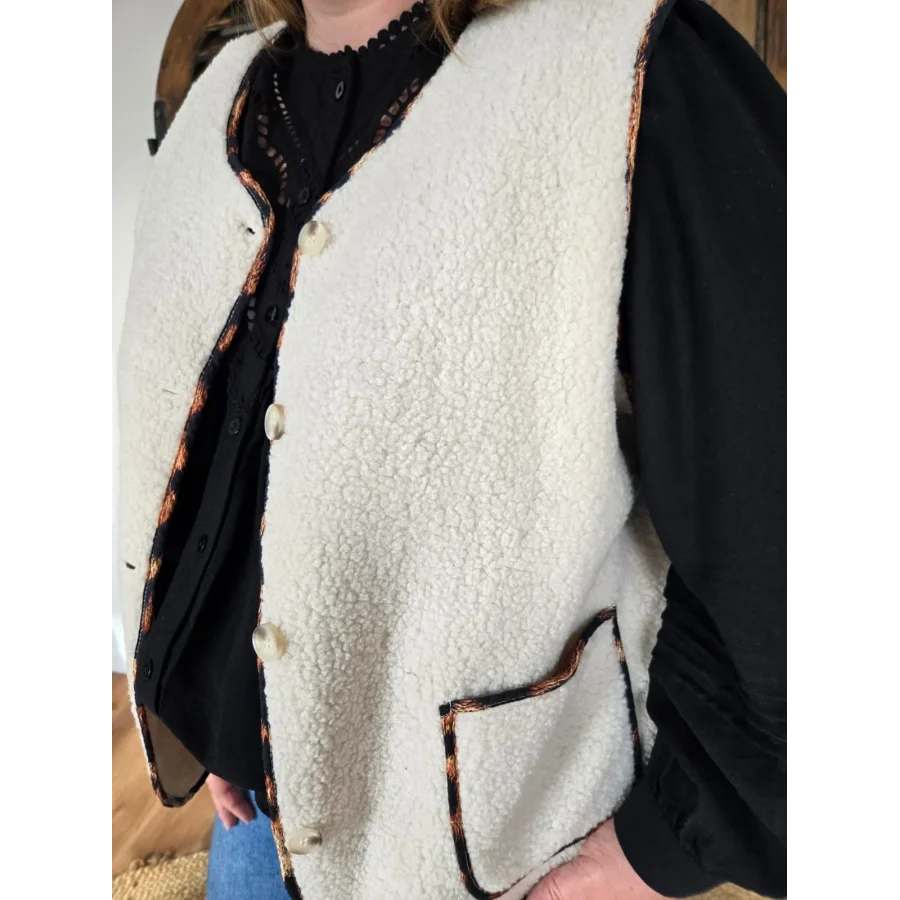 Gilet bouclette beige biais leopard