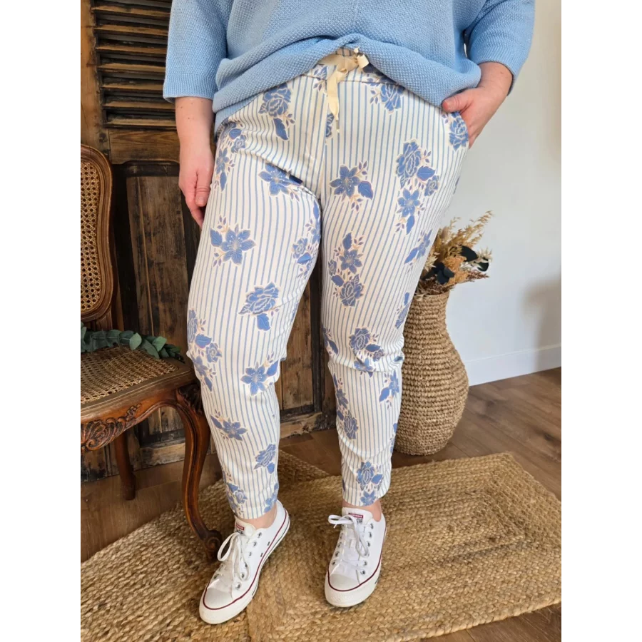 Jog pant toile rayures bleu et fleurs