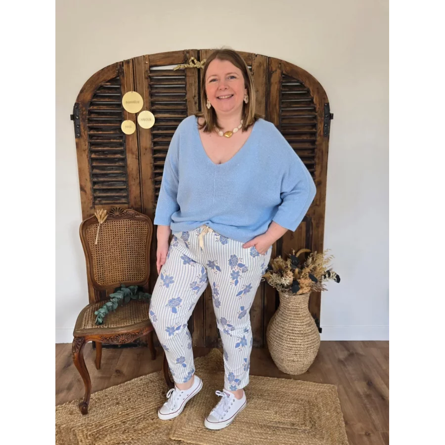 Jog pant toile rayures bleu et fleurs