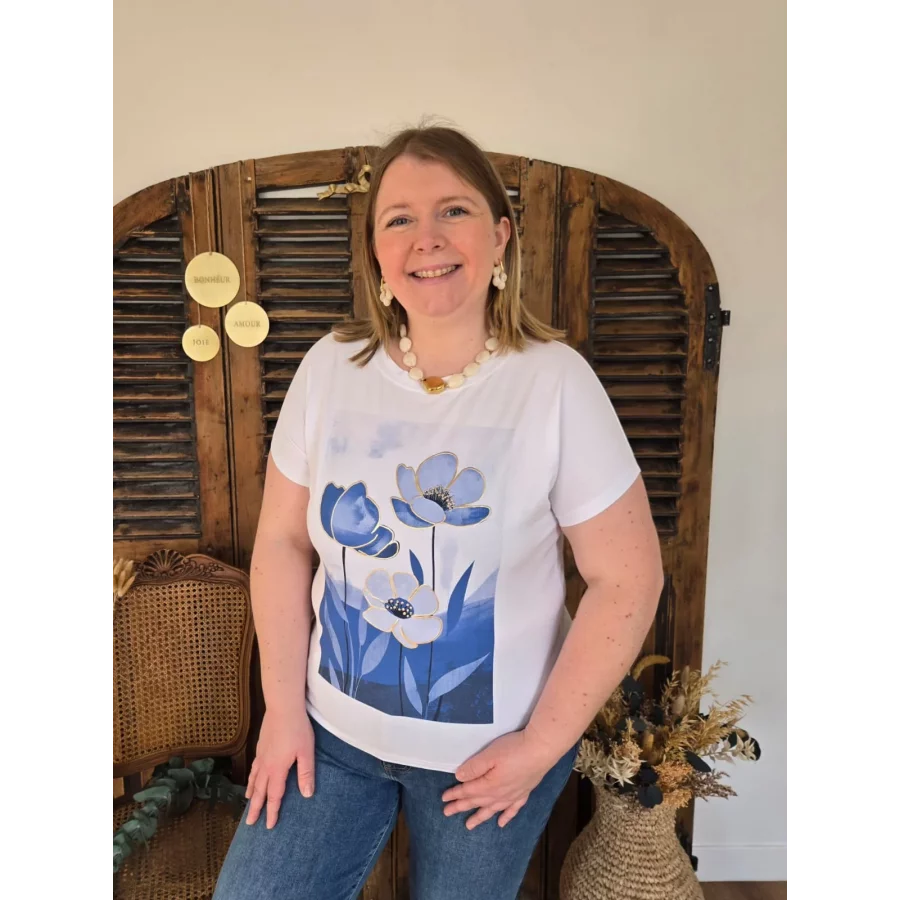 T-shirt blanc flocage fleurs bleu