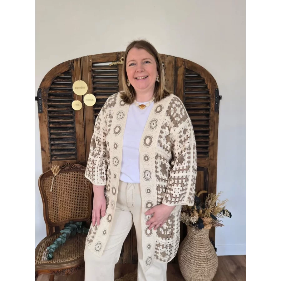 Gilet crochet beige et taupe