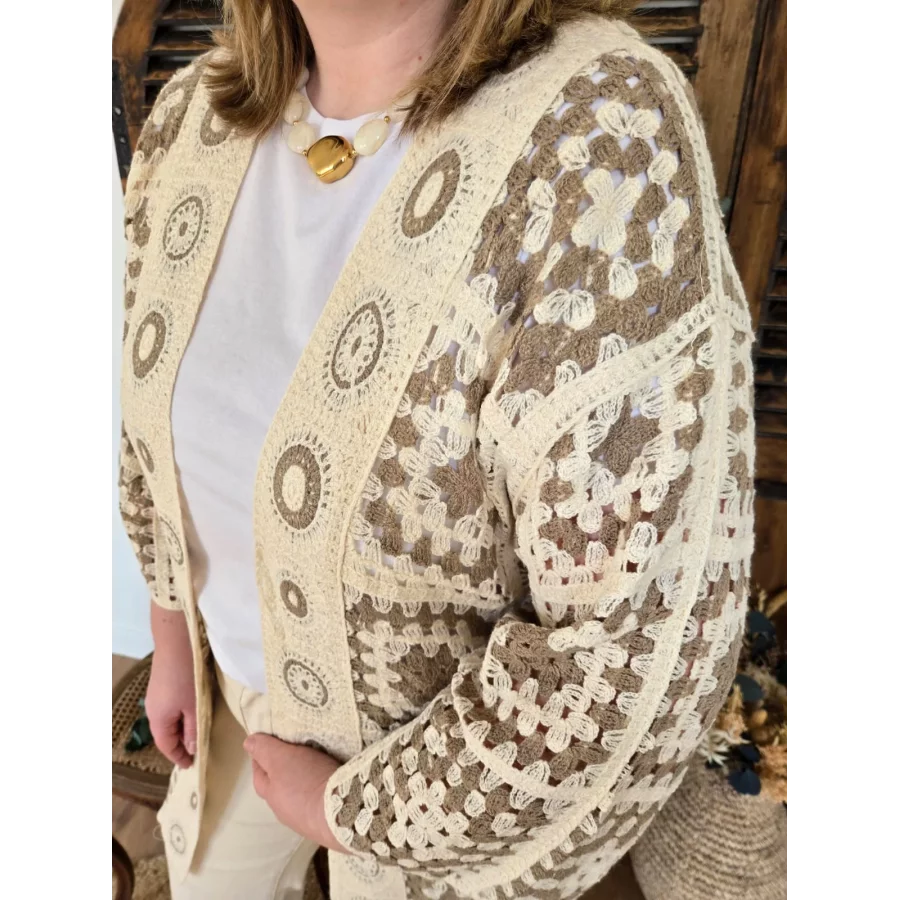 Gilet crochet beige et taupe