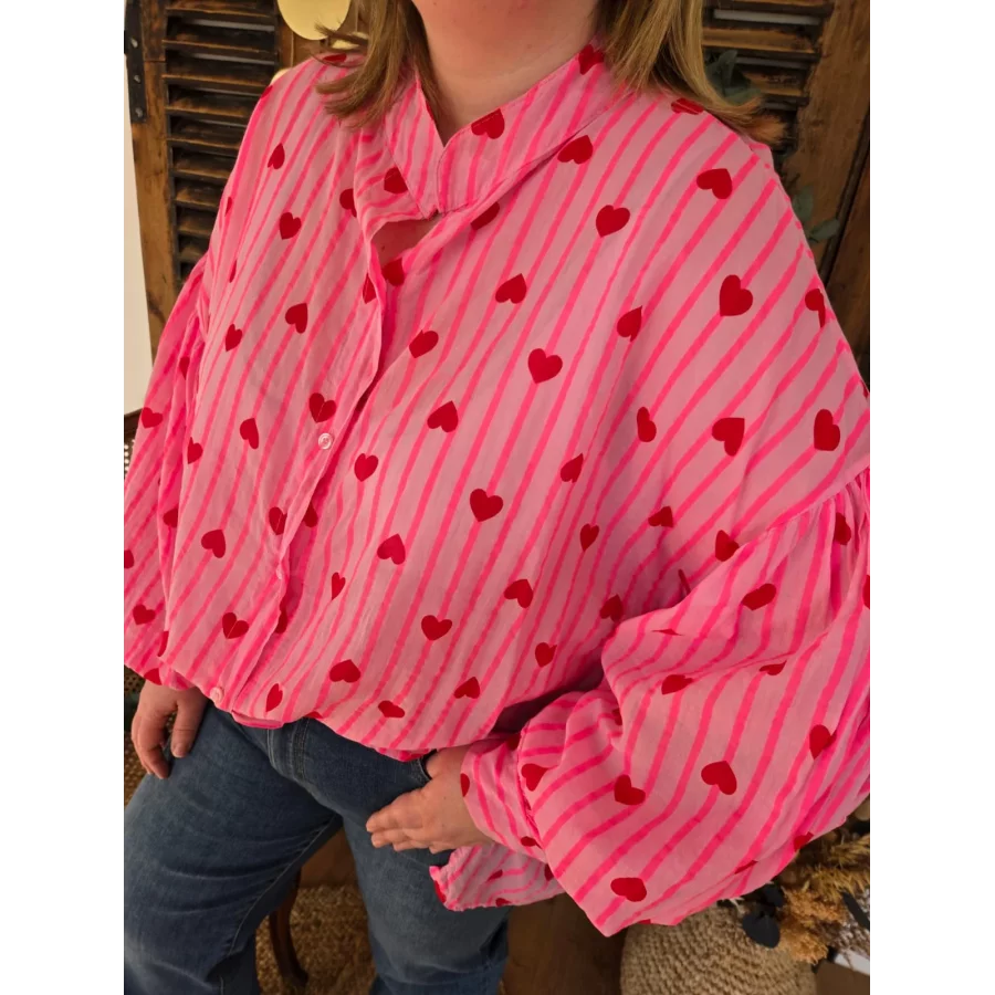 Chemise coton rose rayée coeur rouge