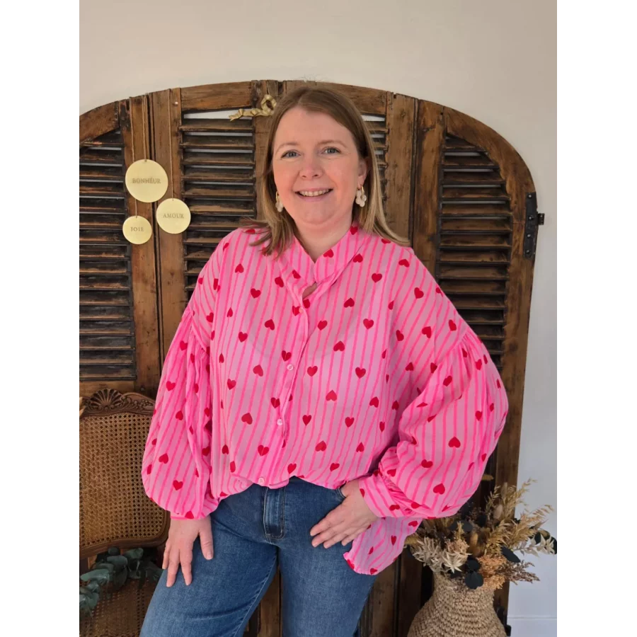 Chemise coton rose rayée coeur rouge