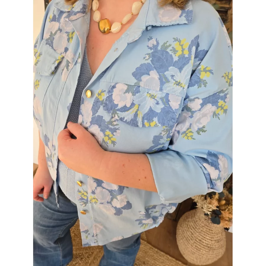 Veste toile bleu motif fleurs