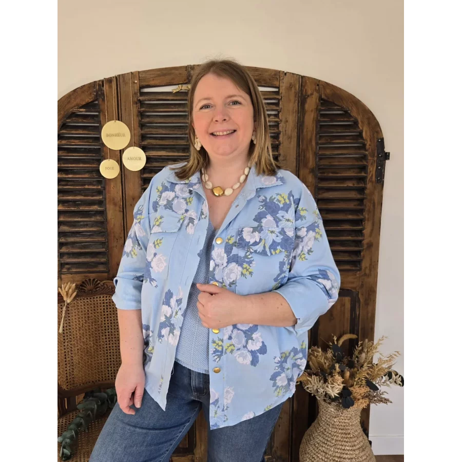 Veste toile bleu motif fleurs