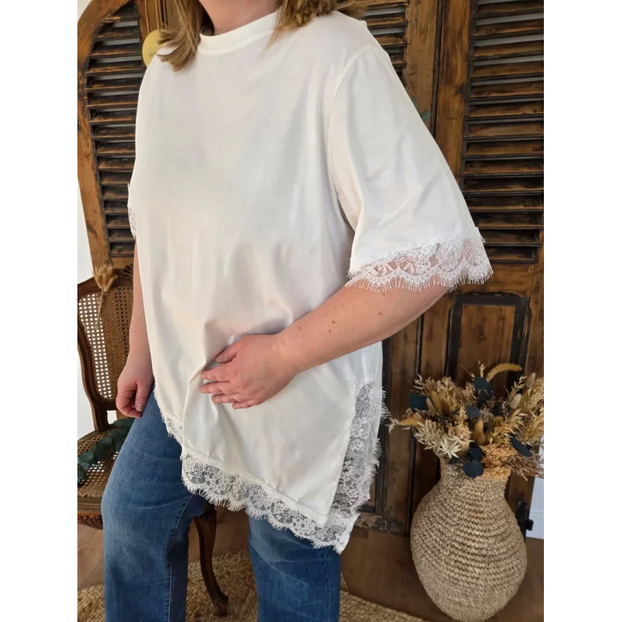 T-shirt asymétrique biais dentelle blanc