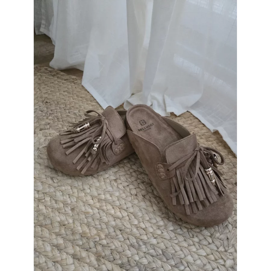 Mules sabots taupe franges