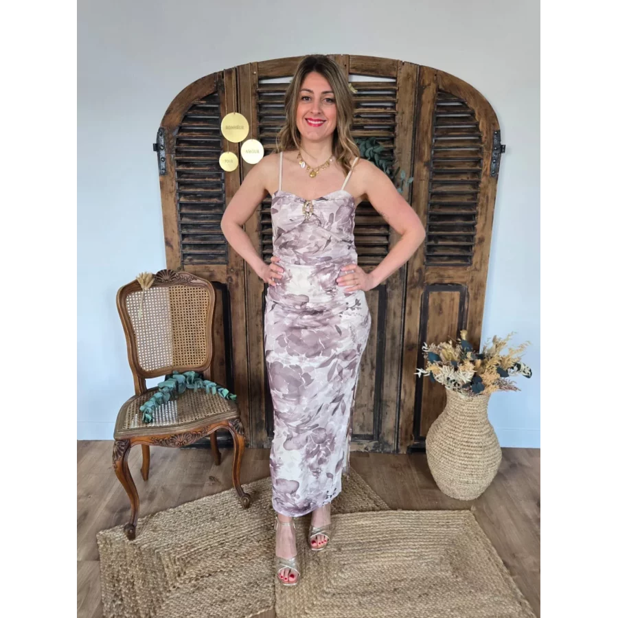 Robe Chantal voile fleurs taupe