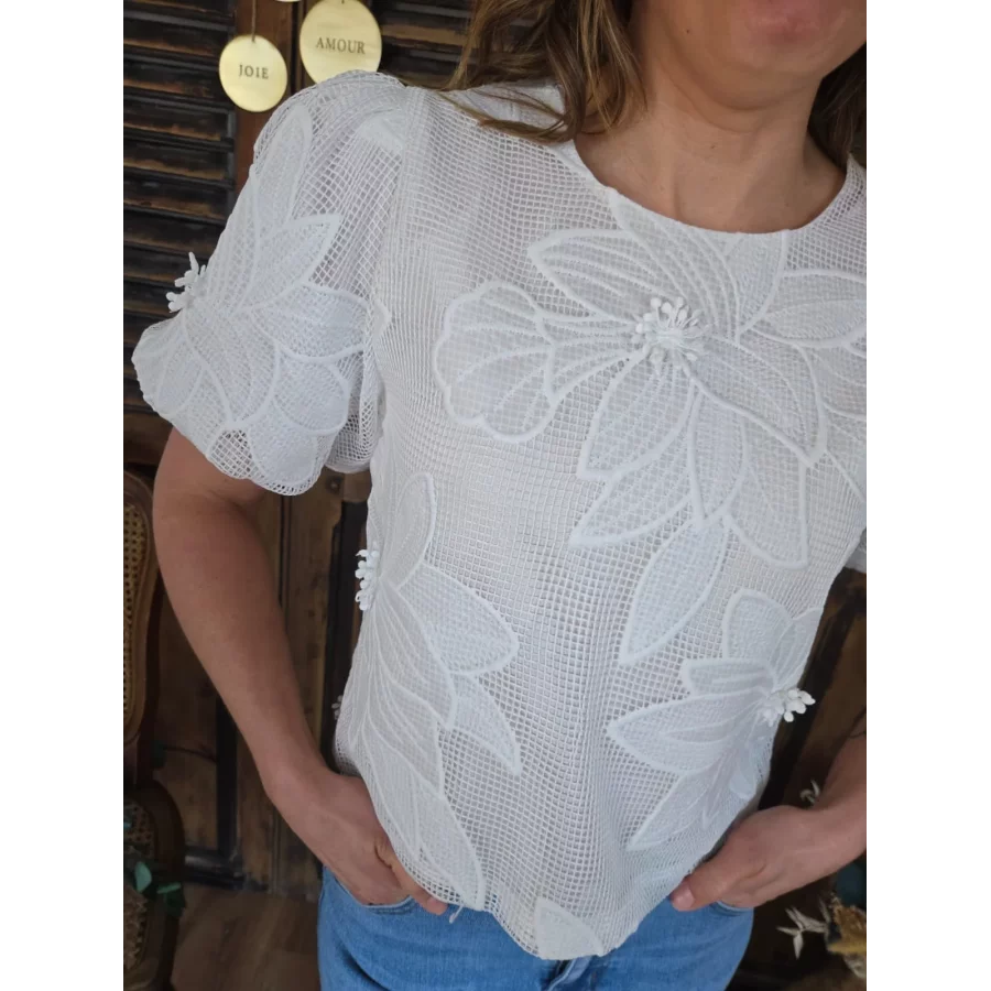 Blouse Clarisse fleurs dentelle blanc