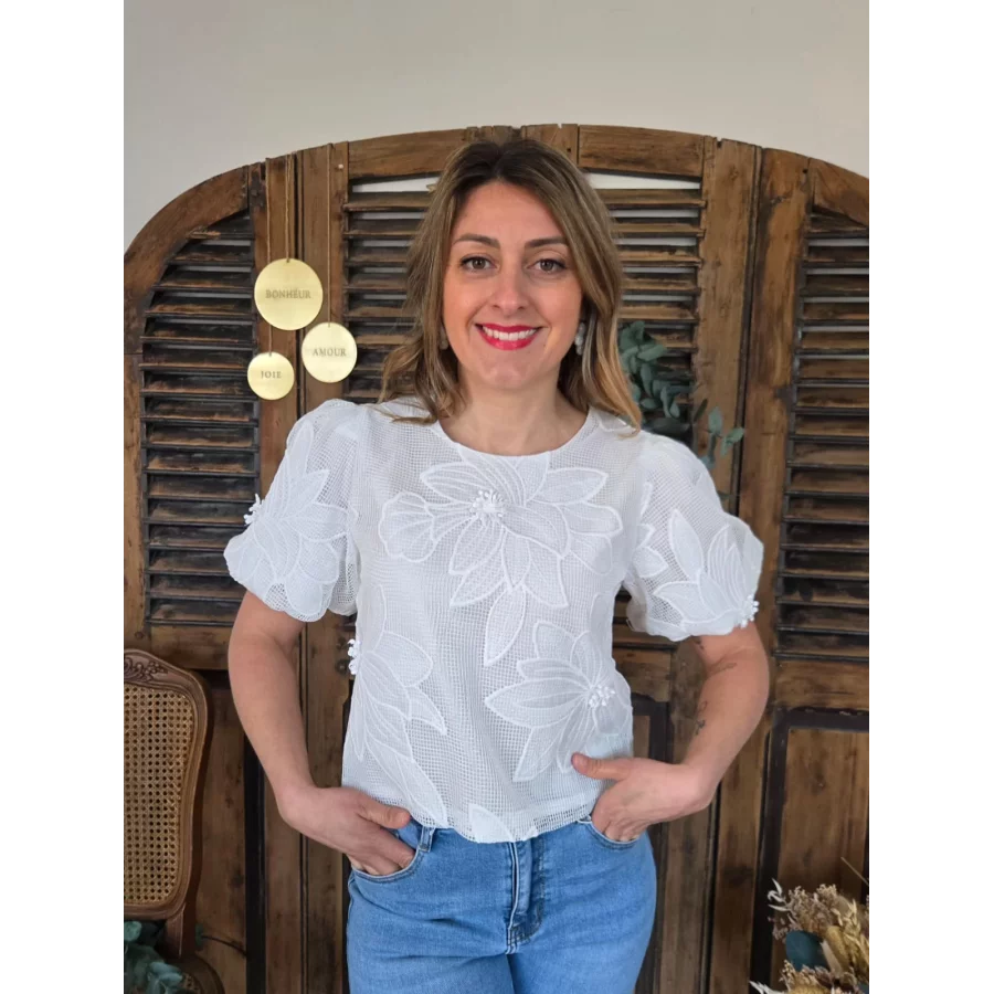 Blouse Clarisse fleurs dentelle blanc