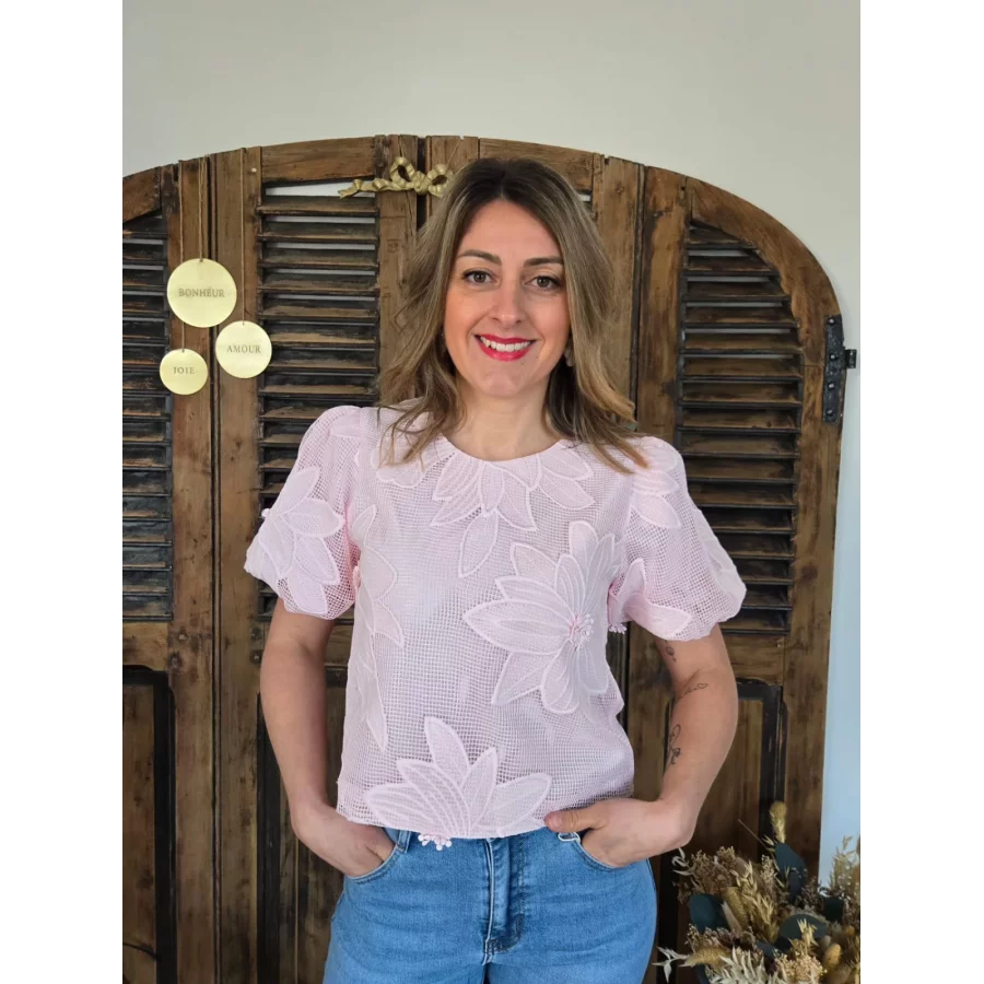 Blouse Clarisse fleurs dentelle rose