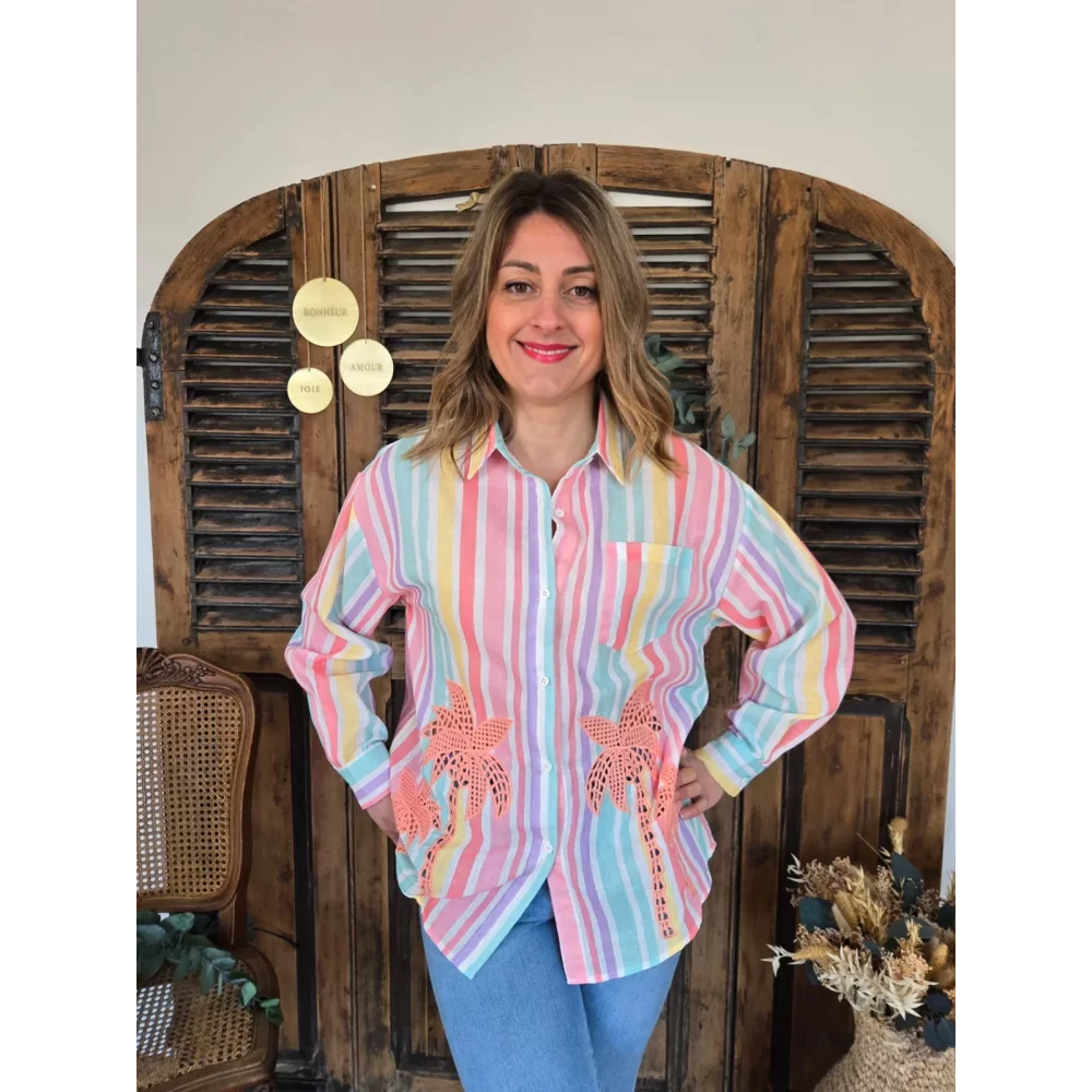Chemise Celine rayures colorées et découpe palmier