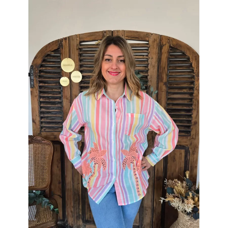 Chemise Celine rayures colorées et découpe palmier