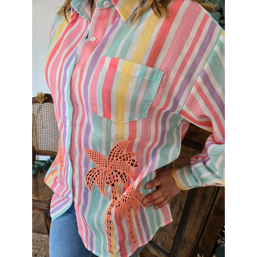 Chemise Celine rayures colorées et découpe palmier
