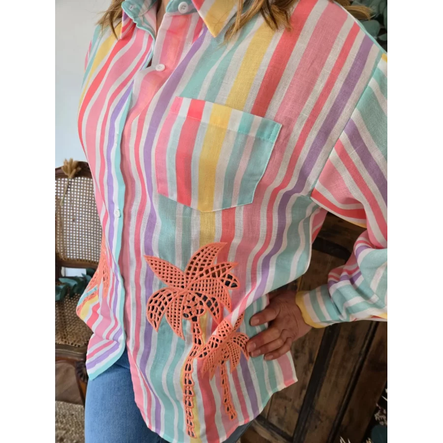 Chemise Celine rayures colorées et découpe palmier
