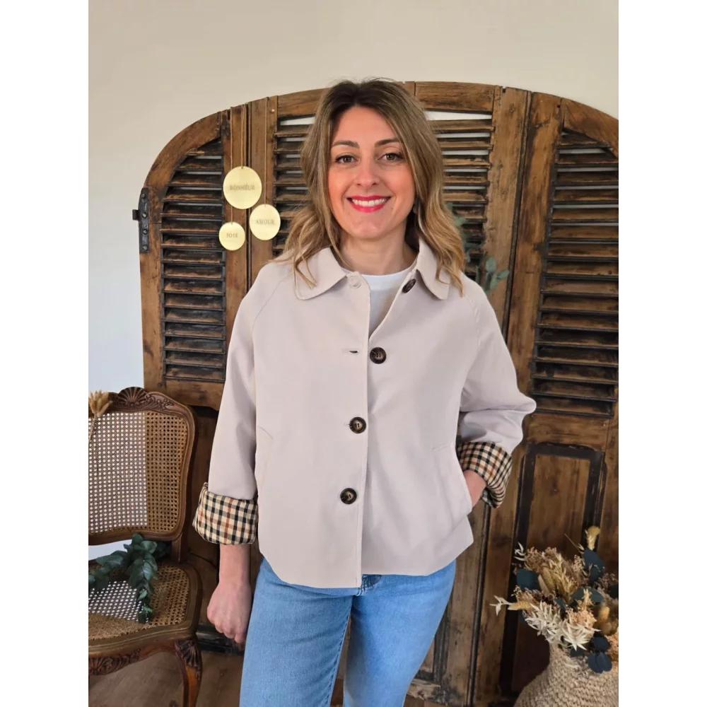 Veste beige Elisa revers ecossais
