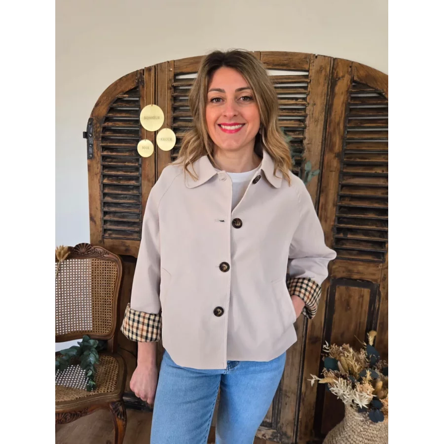 Veste beige Elisa revers ecossais