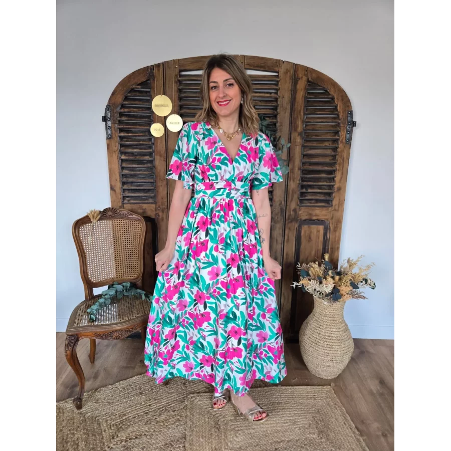 Robe longue Elea fleurs fuchsia