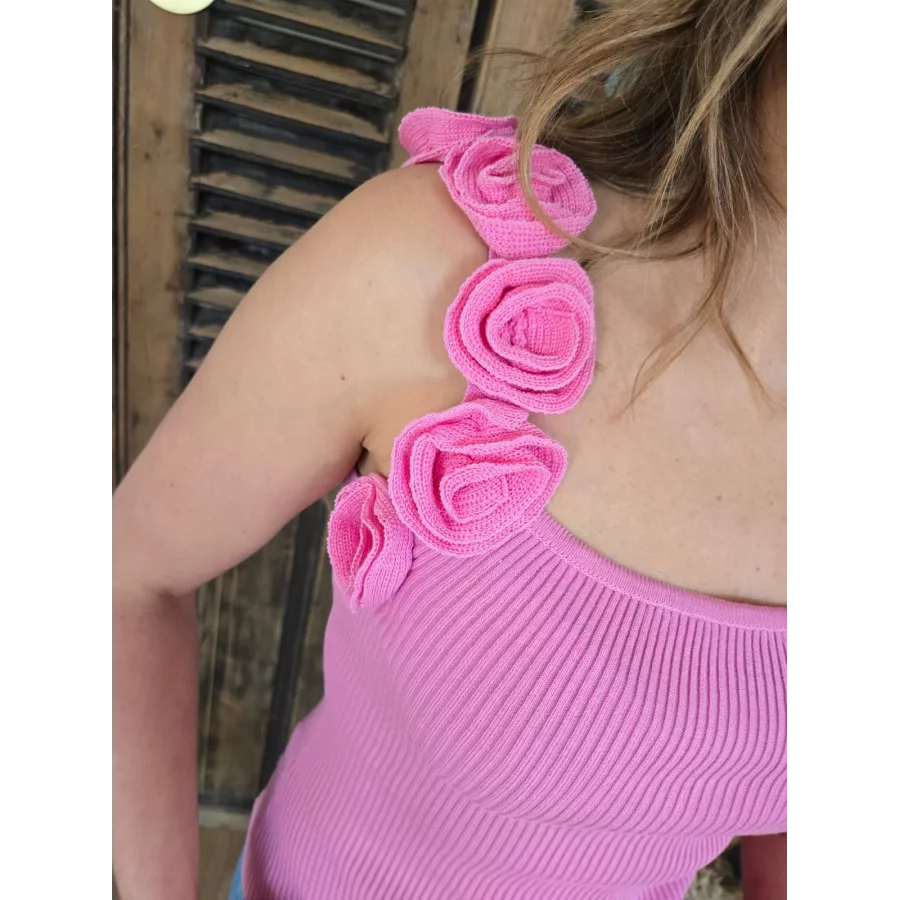 Top maille Emmanuel rose bretelles fleurs