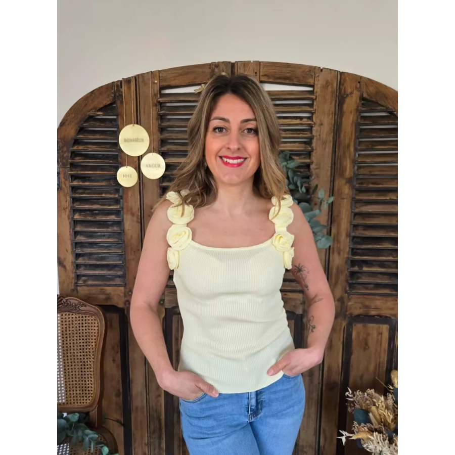 Top maille Emmanuel jaune bretelles fleurs