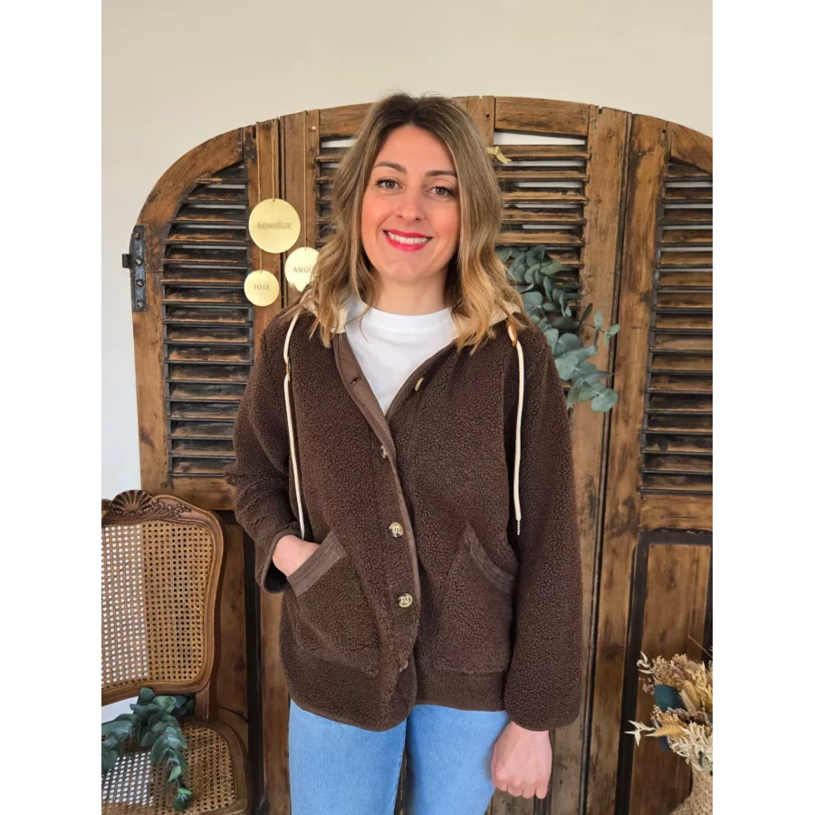 Veste Annick bouclette choco capuche maille